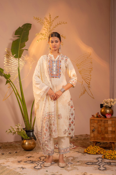 Off-White Embroidered  Kurta Set with Dupatta