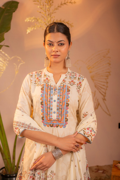 Off-White Embroidered  Kurta Set with Dupatta