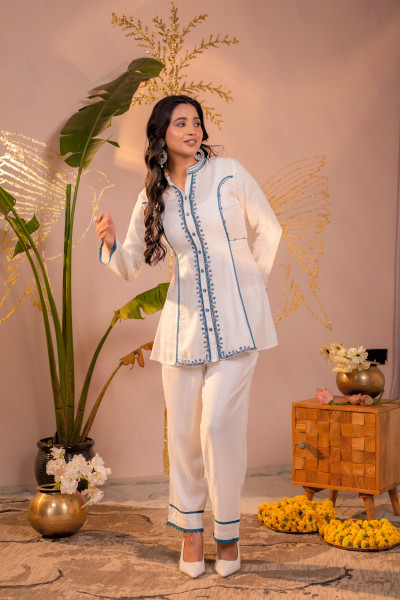 White Indigo Linework Kurta Set