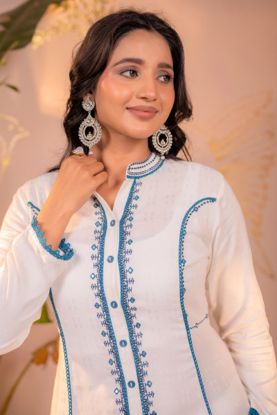 White Indigo Linework Kurta Set