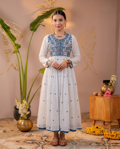 White Embroidered Cotton Anarkali Long Dress