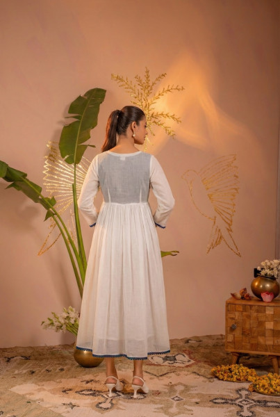 White Embroidered Cotton Anarkali Long Dress