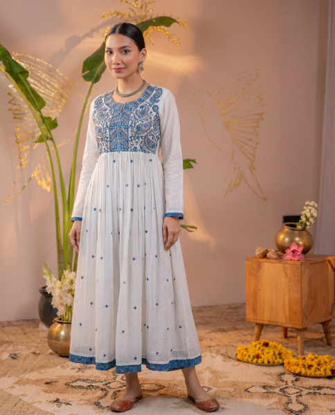 White Embroidered Cotton Anarkali Long Dress
