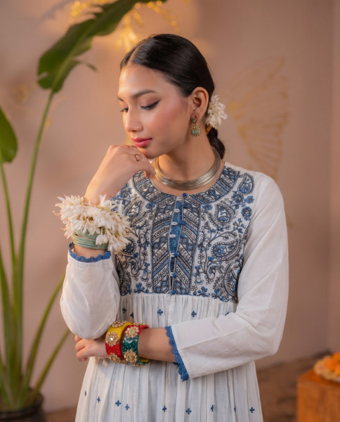 White Embroidered Cotton Anarkali Long Dress