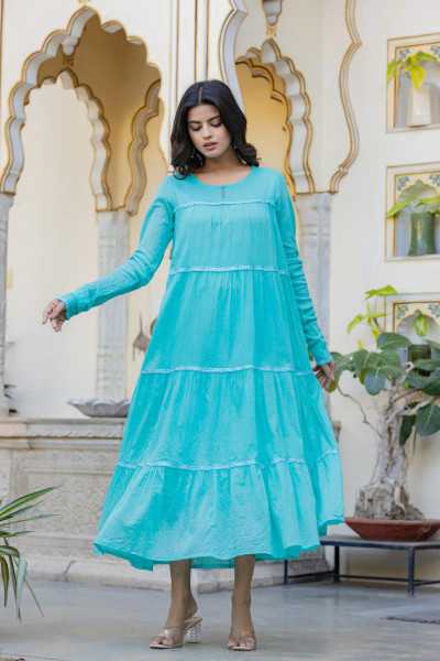 Blue Solid Cotton Long Dress With Lace