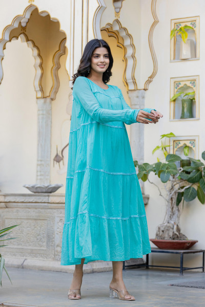 Blue Solid Cotton Long Dress With Lace