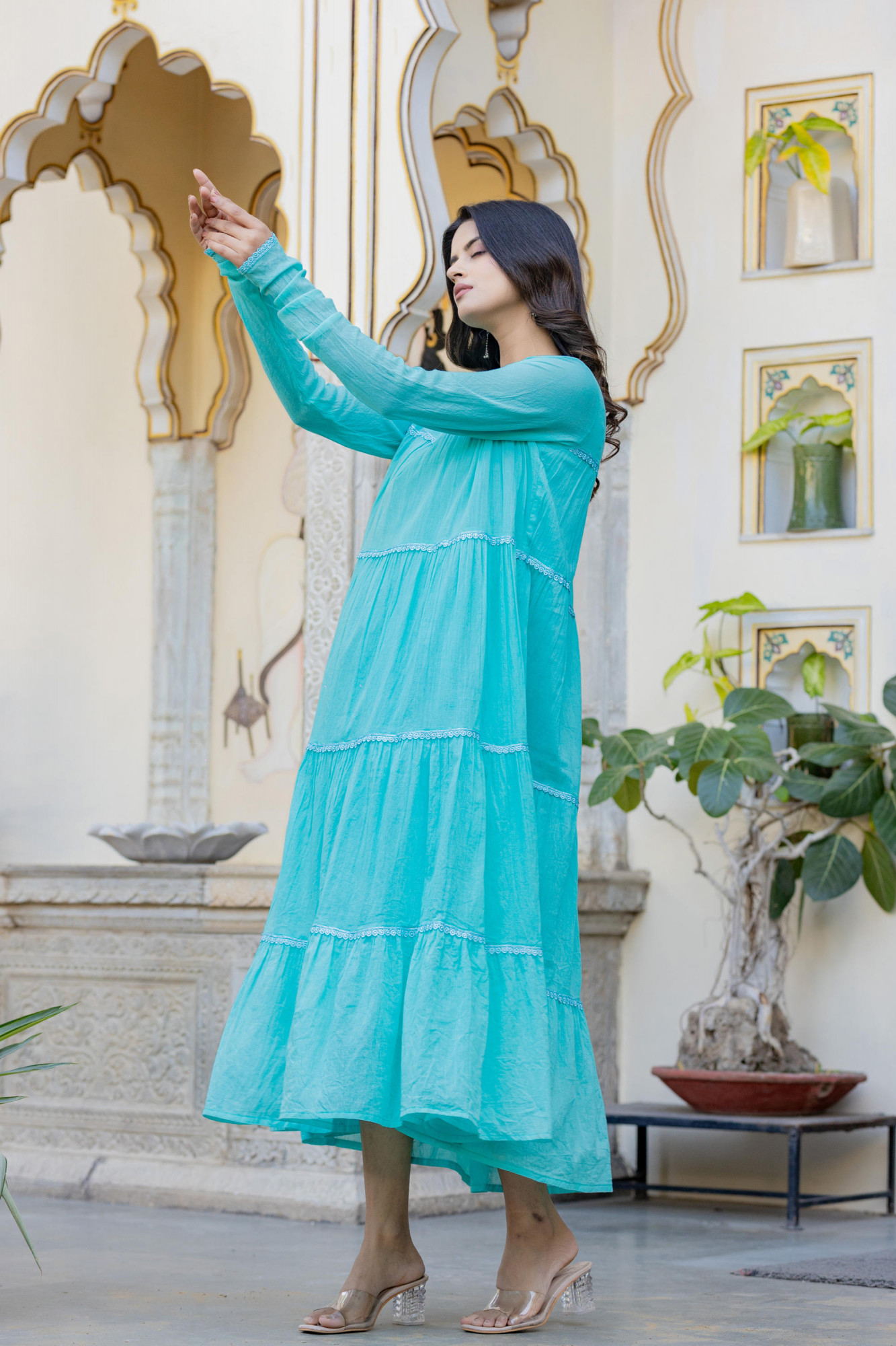 Blue Solid Cotton Long Dress With Lace