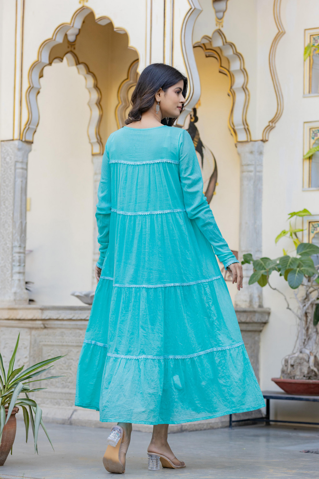 Blue Solid Cotton Long Dress With Lace