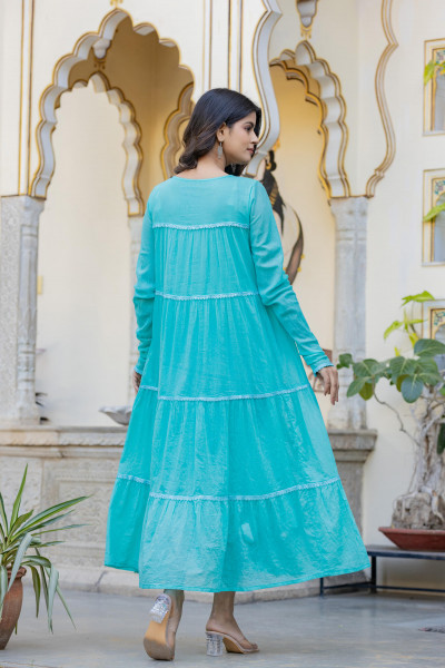 Blue Solid Cotton Long Dress With Lace