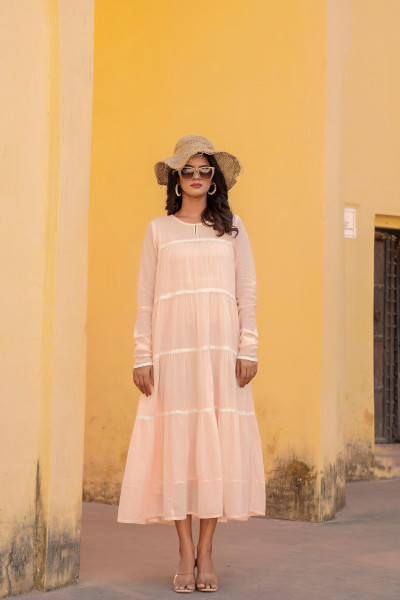 Peach Solid Cotton Long Dress With Lace