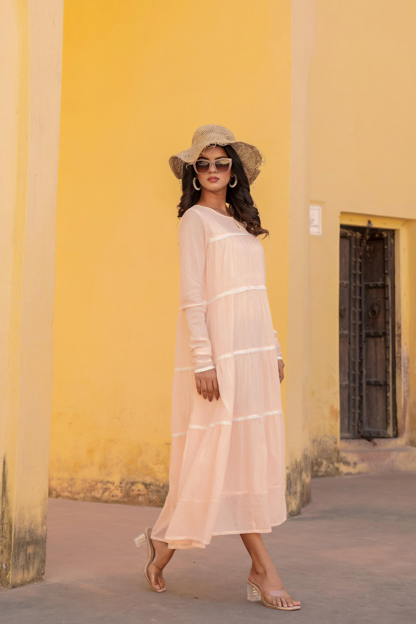 Peach Solid Cotton Long Dress With Lace