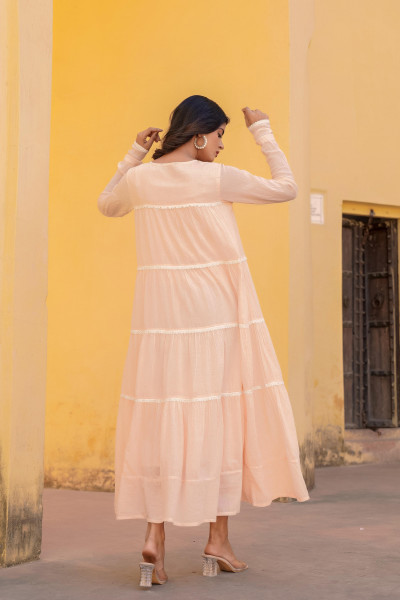 Peach Solid Cotton Long Dress With Lace