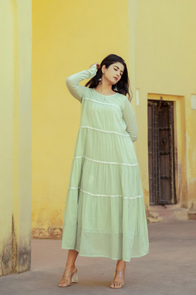 Pista Green Solid Cotton Long Dress With Lace