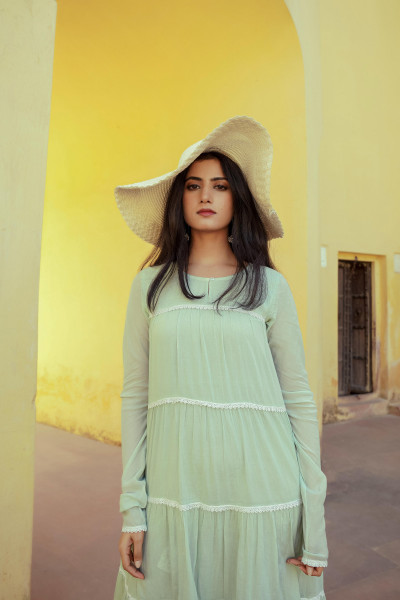 Pista Green Solid Cotton Long Dress With Lace