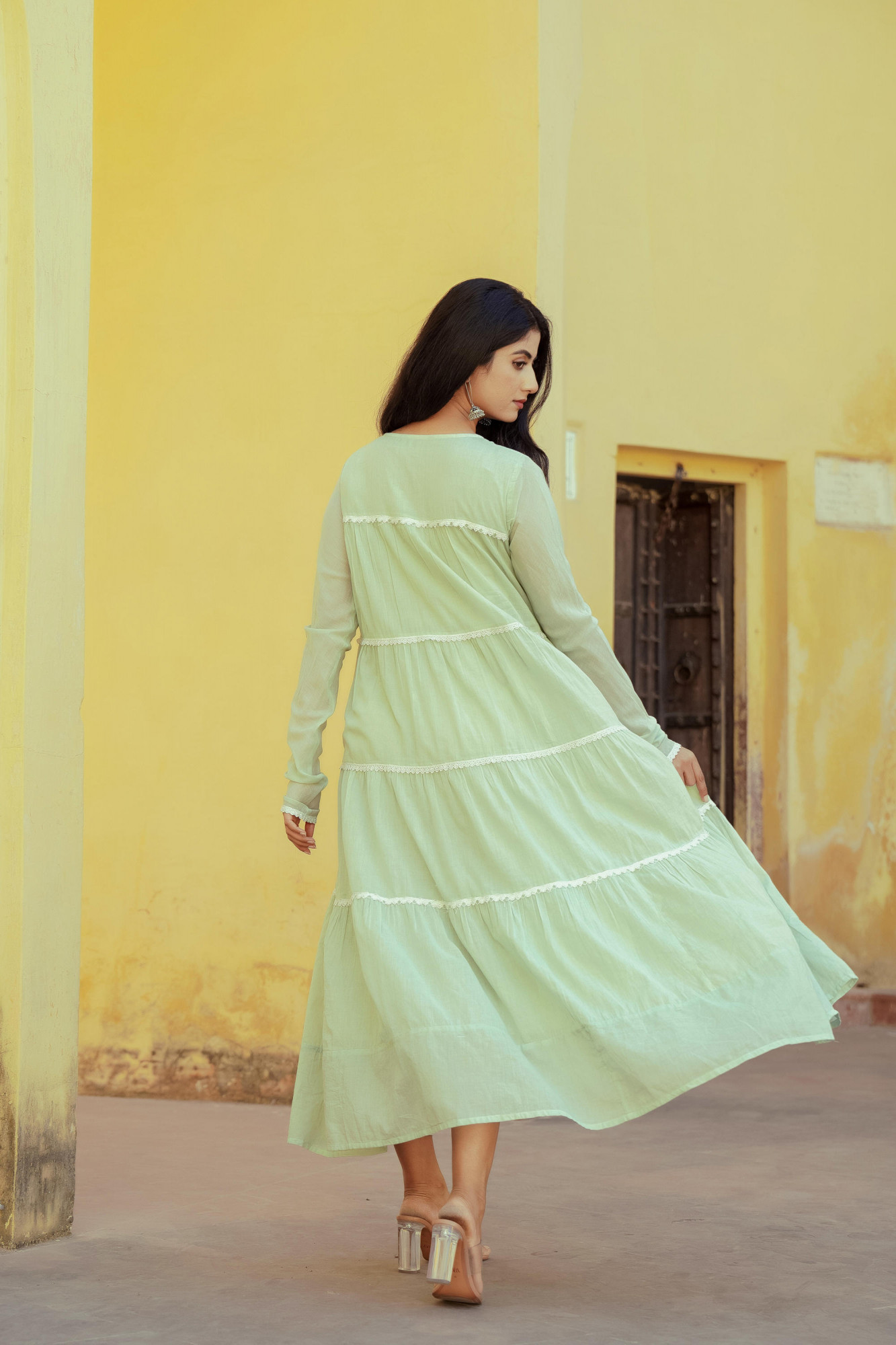Pista Green Solid Cotton Long Dress With Lace