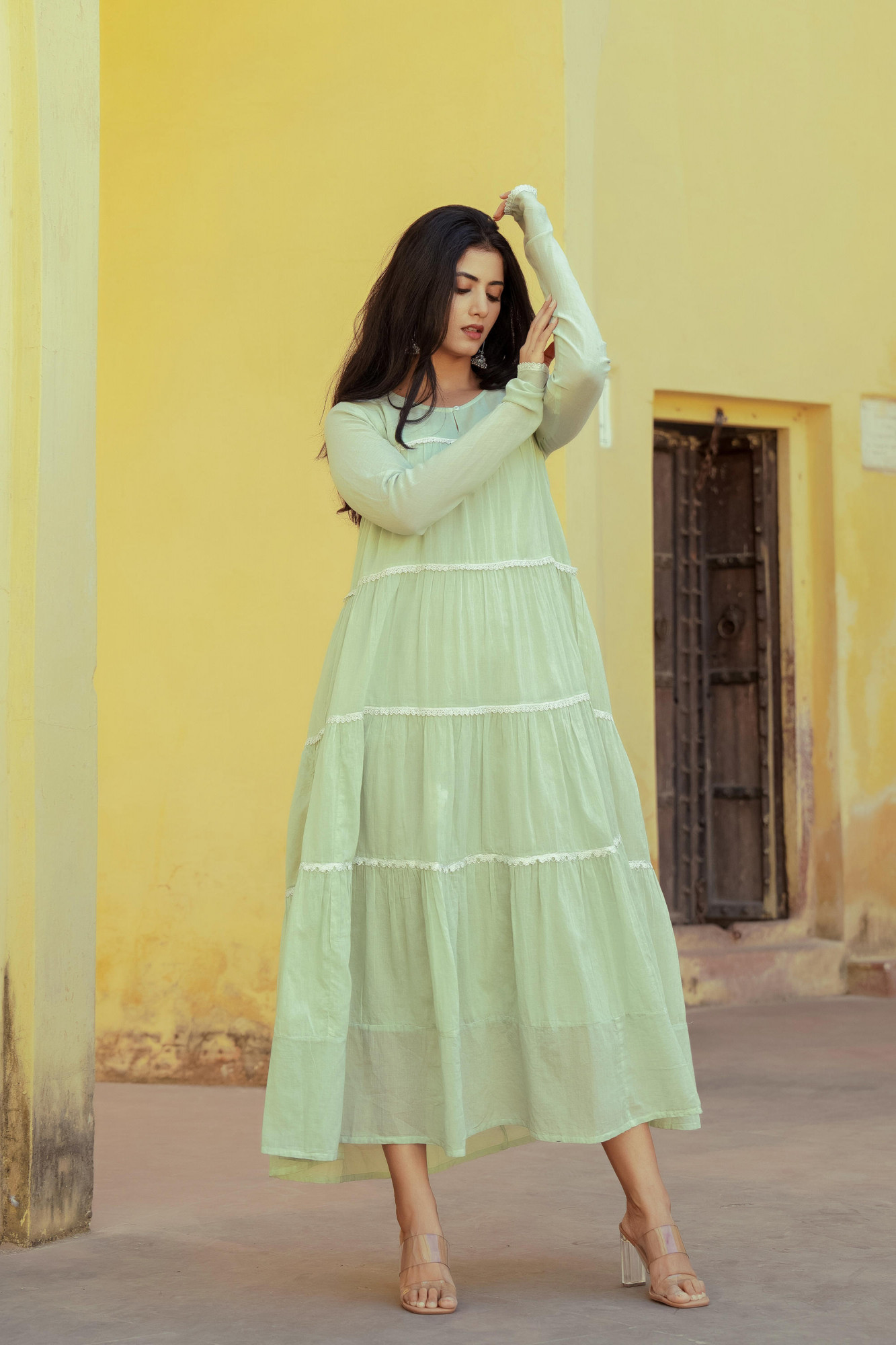 Pista Green Solid Cotton Long Dress With Lace