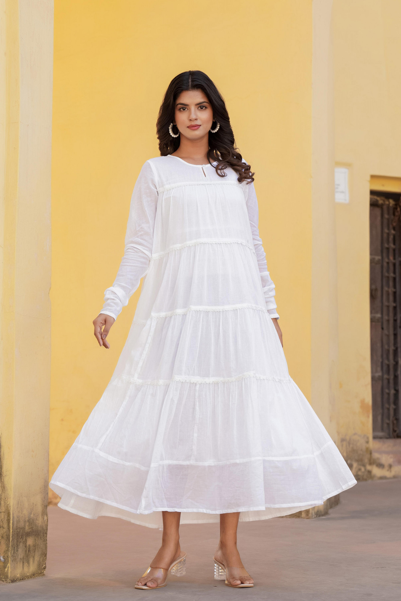 White Solid Cotton Long Dress With Lace