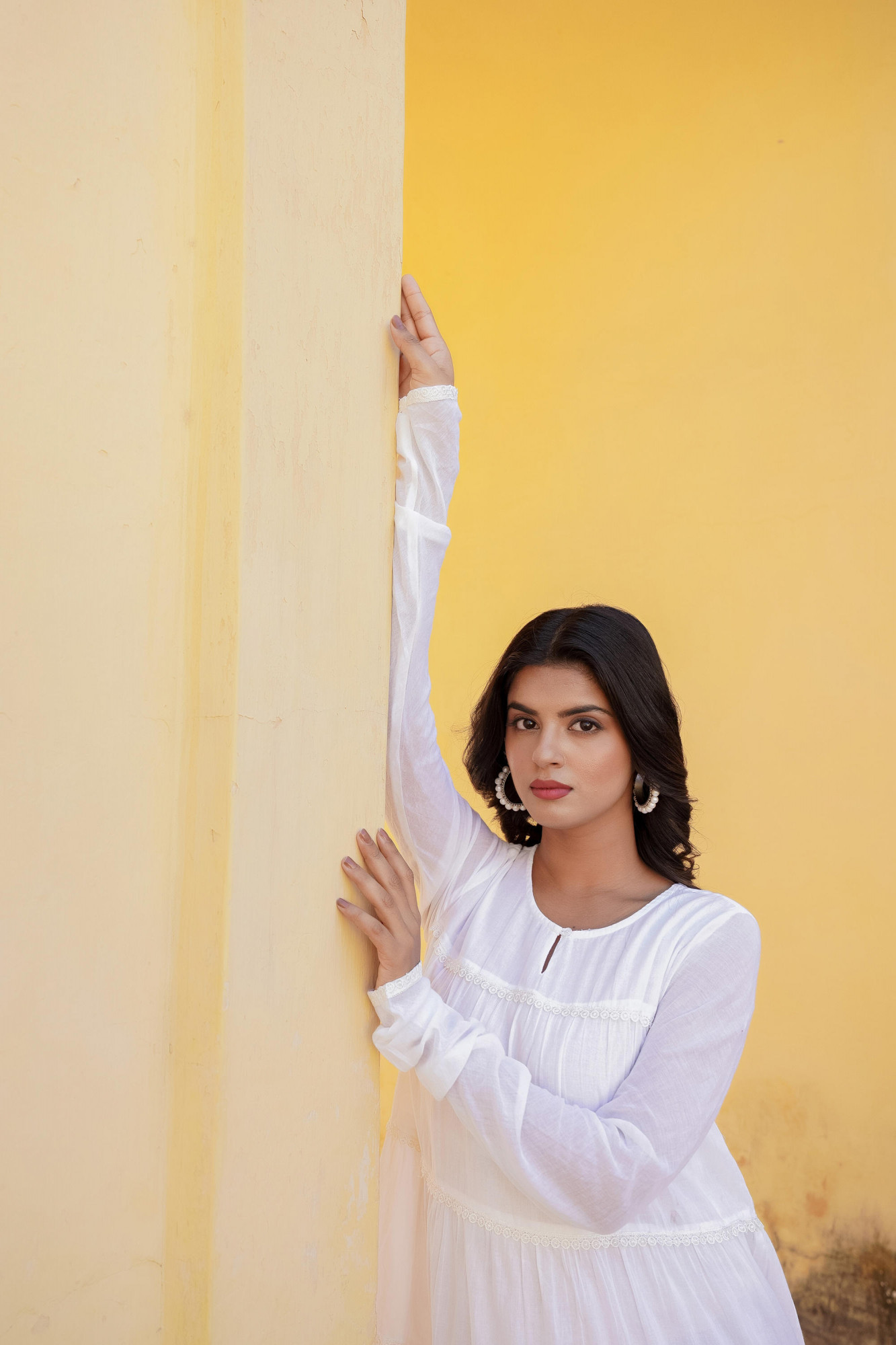 White Solid Cotton Long Dress With Lace