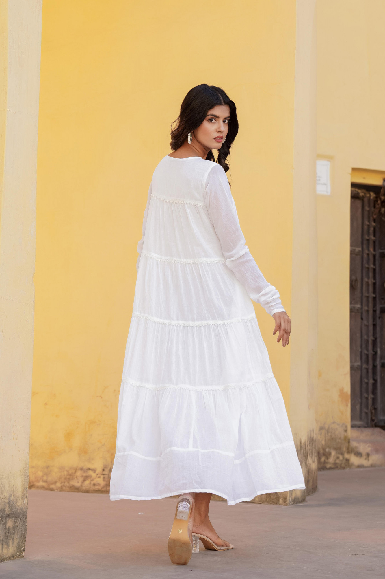 White Solid Cotton Long Dress With Lace