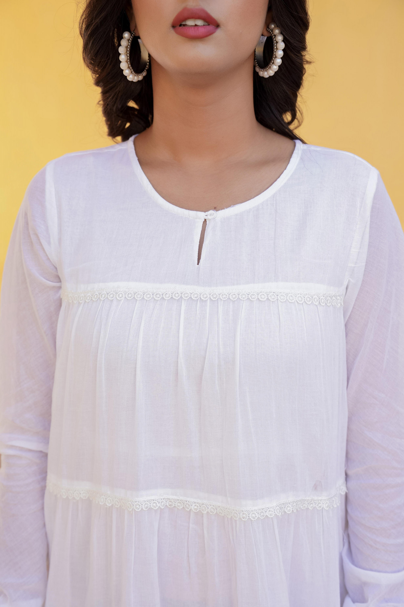 White Solid Cotton Long Dress With Lace