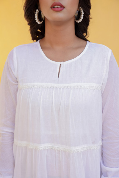 White Solid Cotton Long Dress With Lace