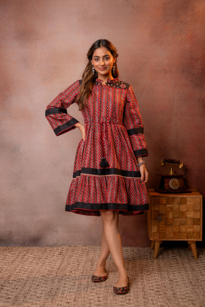 Maroon & Black Chevron Printed Flared Dress