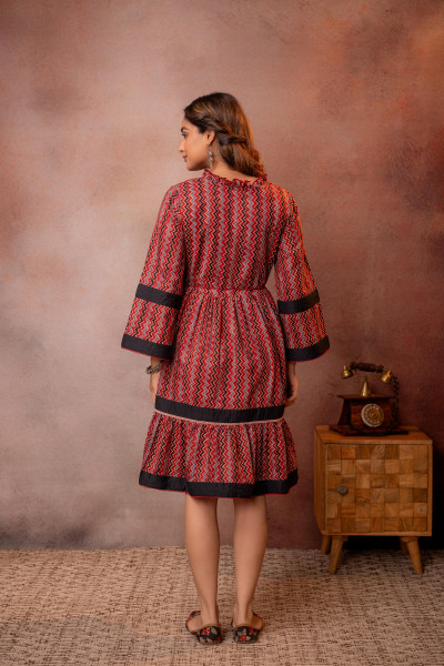 Maroon & Black Chevron Printed Flared Dress