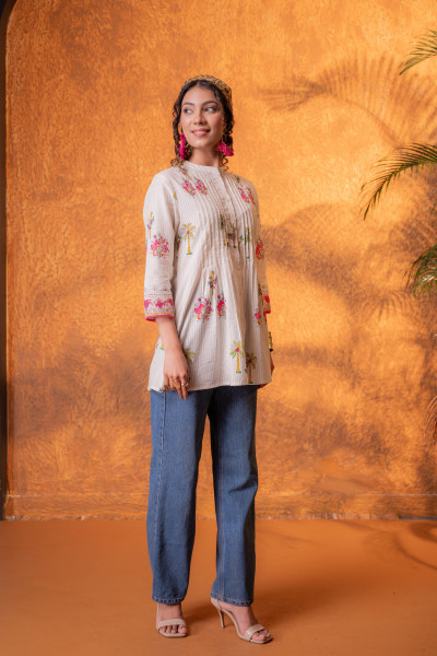 Beige Palm Pintuck Tunic