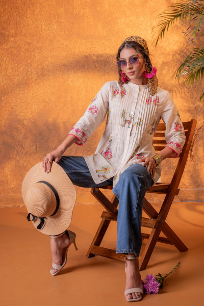 Beige Palm Pintuck Tunic