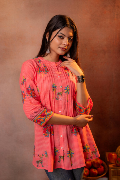 Coral Palm Pintuck Tunic