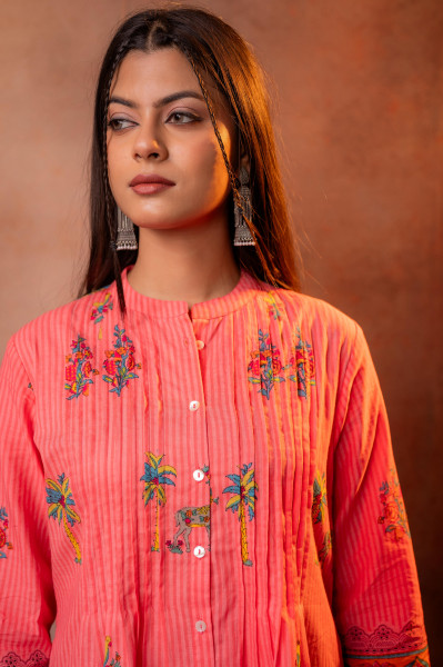 Coral Palm Pintuck Tunic