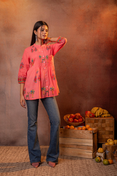 Coral Palm Pintuck Tunic