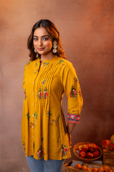 Mustard Palm Pintuck Tunic