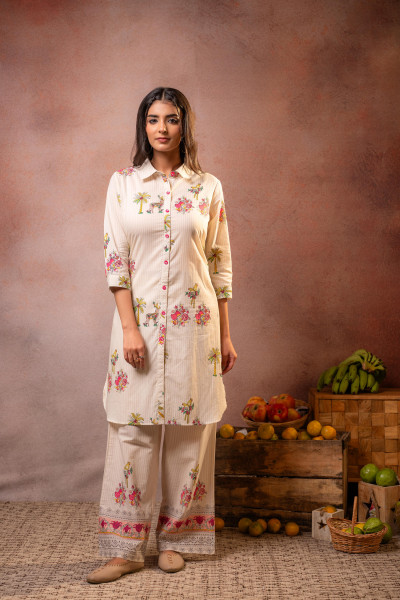 Beige Palm Bloom Stripe Kurta Set