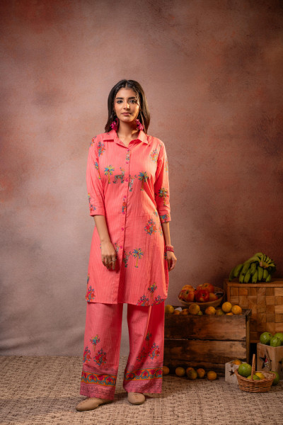 Coral Palm Bloom Stripe Kurta Set