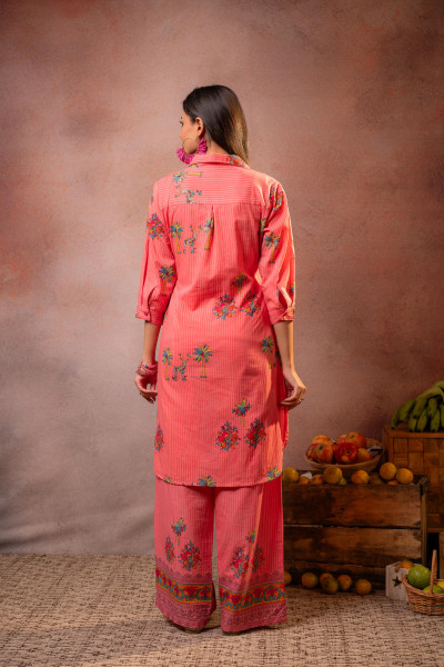 Coral Palm Bloom Stripe Kurta Set
