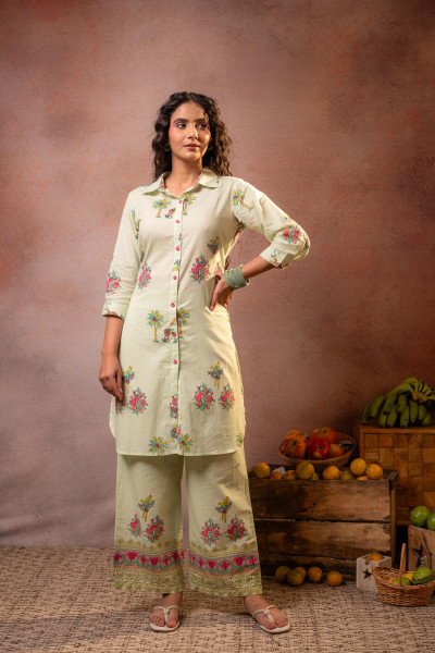 Light Green Palm Bloom Stripe Kurta Set