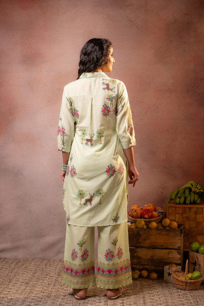 Light Green Palm Bloom Stripe Kurta Set