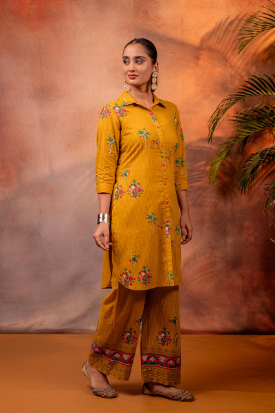 Mustard Palm Bloom Stripe Kurta Set