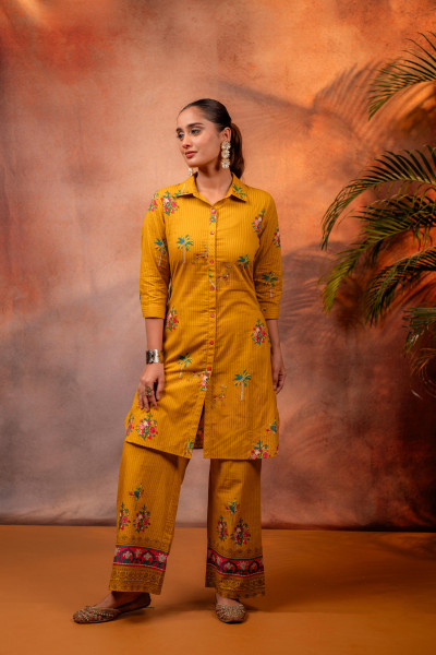 Mustard Palm Bloom Stripe Kurta Set
