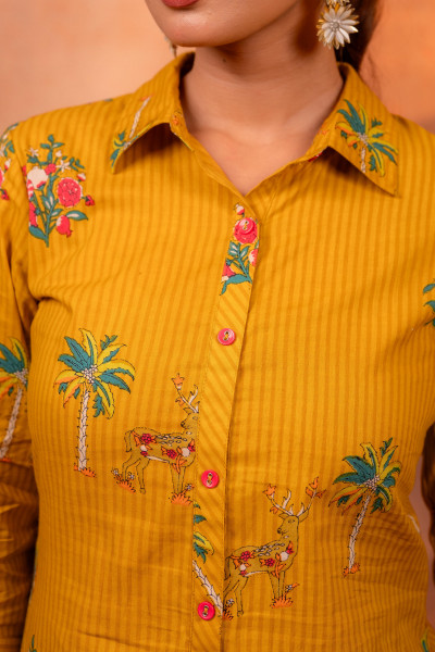 Mustard Palm Bloom Stripe Kurta Set