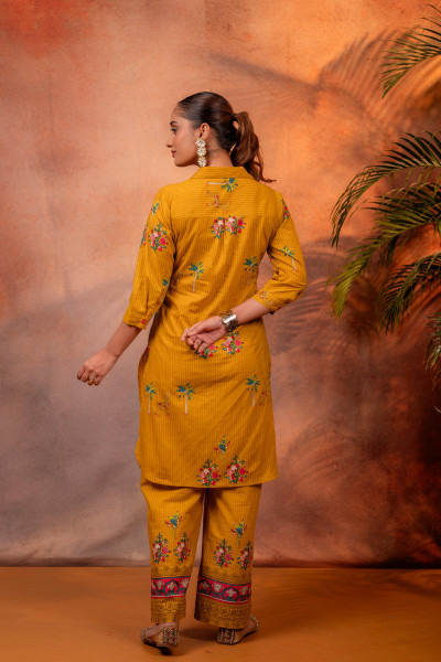 Mustard Palm Bloom Stripe Kurta Set