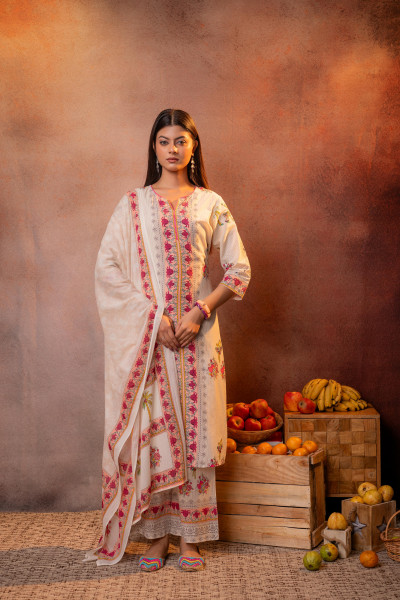 Elegant  Beige Floral Straight Kurta Set with Dupatta