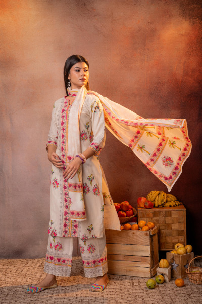 Elegant  Beige Floral Straight Kurta Set with Dupatta