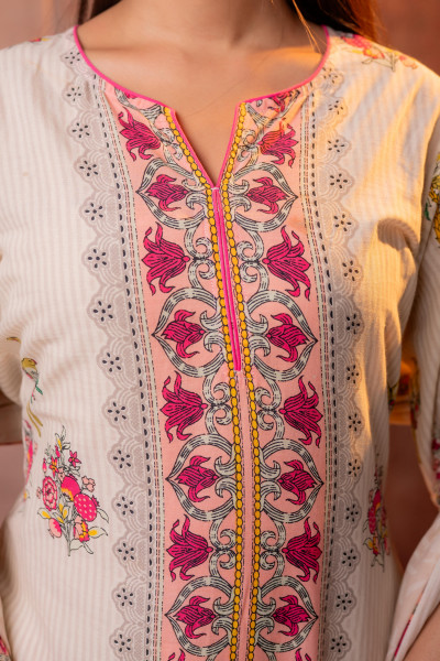 Elegant  Beige Floral Straight Kurta Set with Dupatta