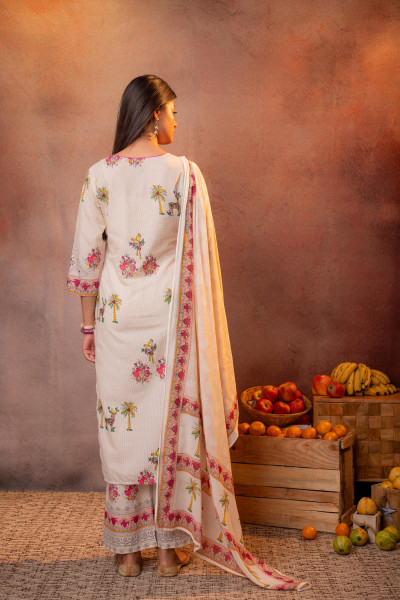 Elegant  Beige Floral Straight Kurta Set with Dupatta