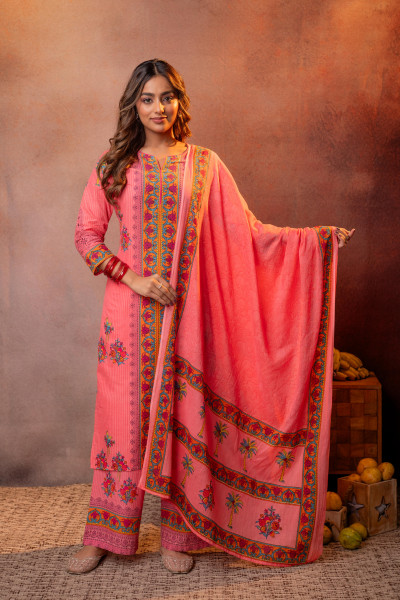 Elegant Coral Floral Straight Kurta Set with Dupatta