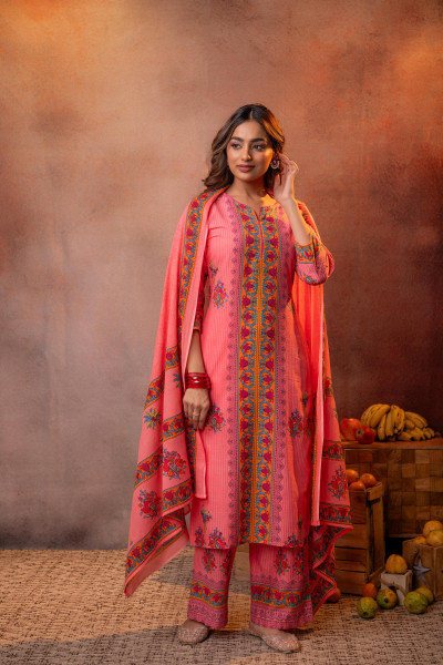 Elegant Coral Floral Straight Kurta Set with Dupatta