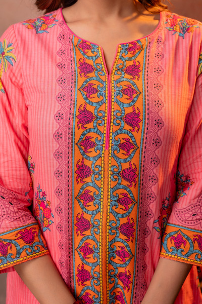 Elegant Coral Floral Straight Kurta Set with Dupatta