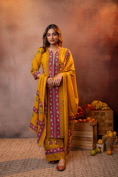 Elegant Mustard Floral Straight Kurta Set with Dupatta